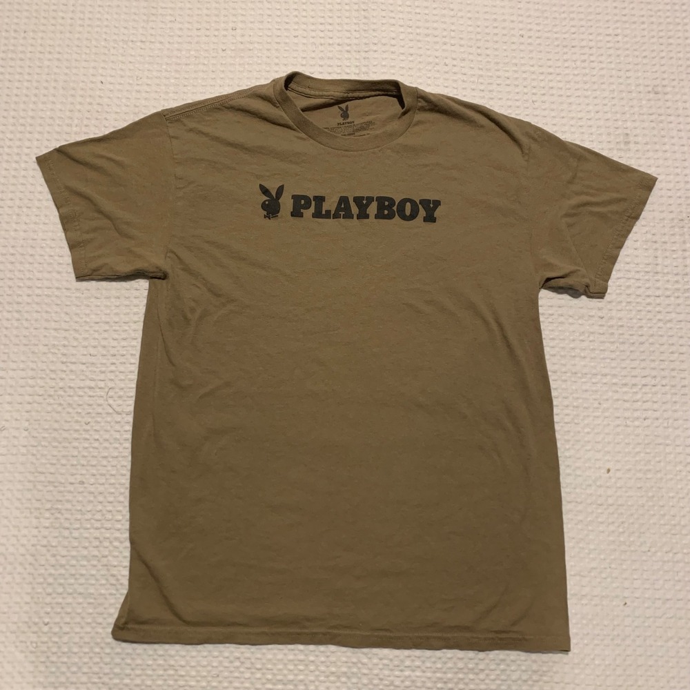 Playboy Mens Graphic T-Shirt Olive Brown Rabbit Head Logo Crewneck Tee Medium